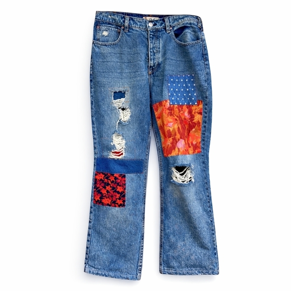 We The Free Denim - Free People We The Free Belladonna Patchwork Bootcut Jeans Boho Distressed Denim